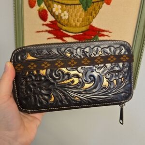 Patricia Nash Dark Brown and Gold Tooled Embossed Leather Wallet Organizer